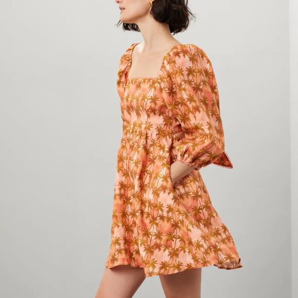 Kivari Tropical Linen Fit Flare Mini Dress SIZE 8 Cottage Palm Bow Designer $269 - Picture 2 of 11